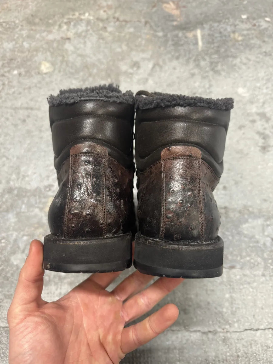 2000s Hugo Boss Ostrich Embossed Leather Brown Mountain Daily Fur Boots (42eu/us8.5) 2