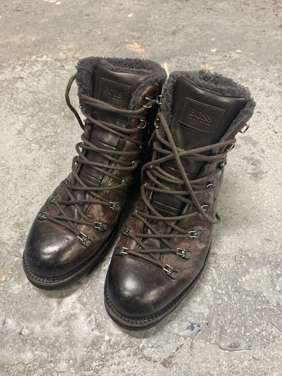 2000s Hugo Boss Ostrich Embossed Leather Brown Mountain Daily Fur Boots (42eu/us8.5) 3