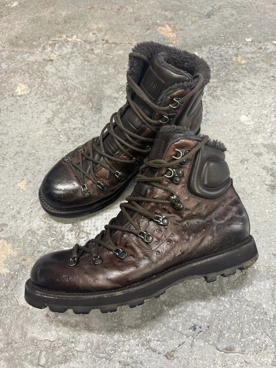 2000s Hugo Boss Ostrich Embossed Leather Brown Mountain Daily Fur Boots (42eu/us8.5) 4