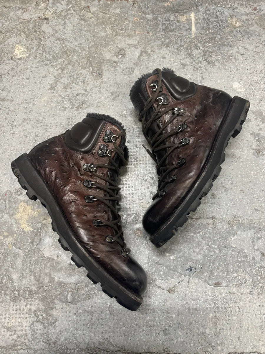 2000s Hugo Boss Ostrich Embossed Leather Brown Mountain Daily Fur Boots (42eu/us8.5) 5