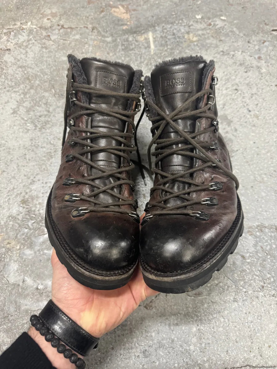2000s Hugo Boss Ostrich Embossed Leather Brown Mountain Daily Fur Boots (42eu/us8.5) 6