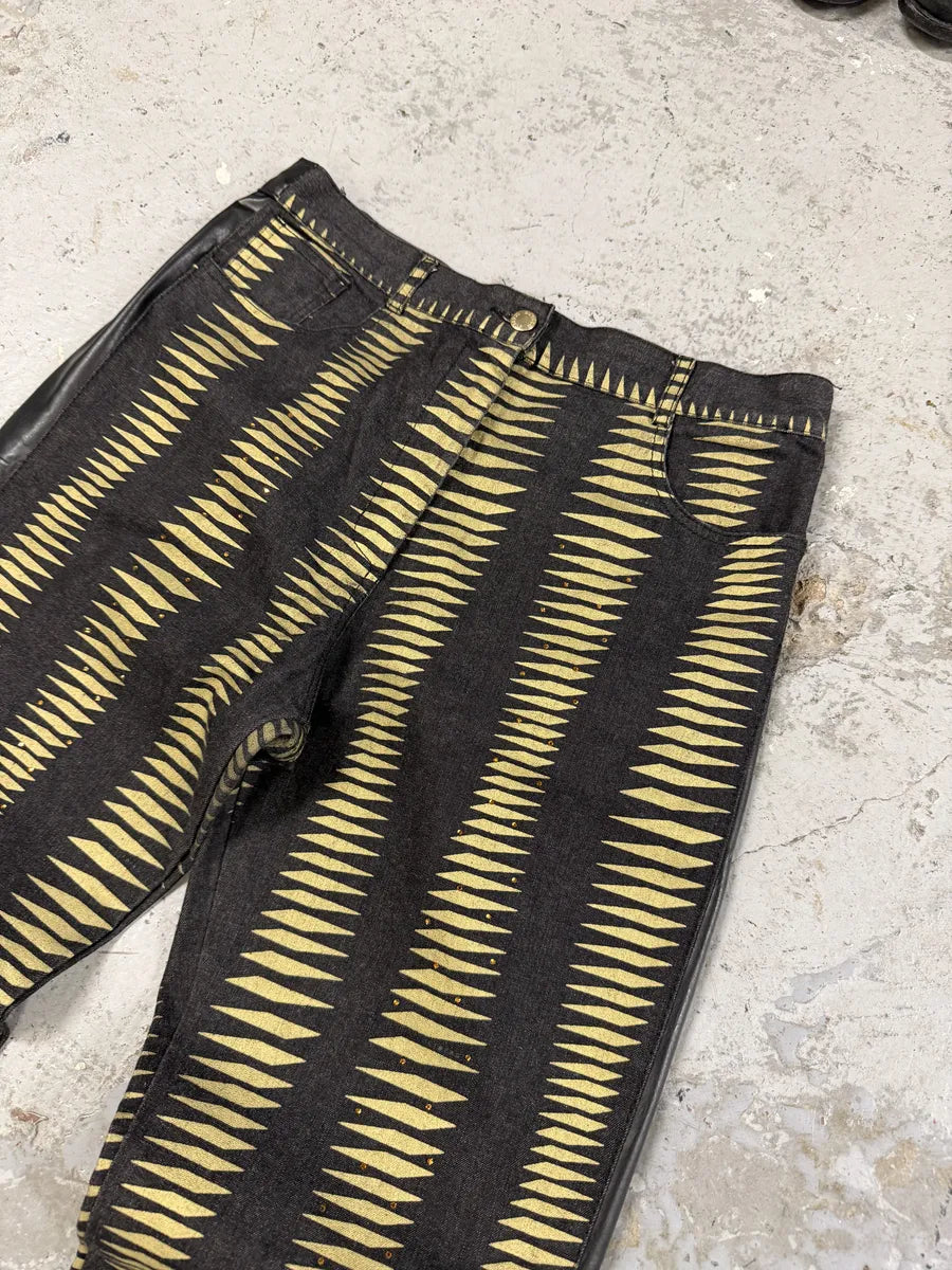 2000s Iceberg Black & Yellow Striped Irregular Faux Leather Pants FeBEmzk 5