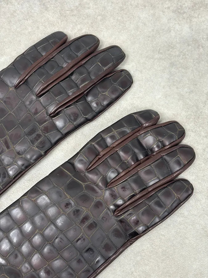 2000s Iceberg Brown Crocodile Embossed Leather Gloves IIFRTIX 5