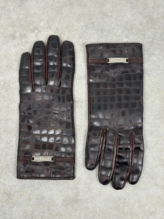 2000s Iceberg Brown Crocodile Embossed Leather Gloves IIFRTIX 2
