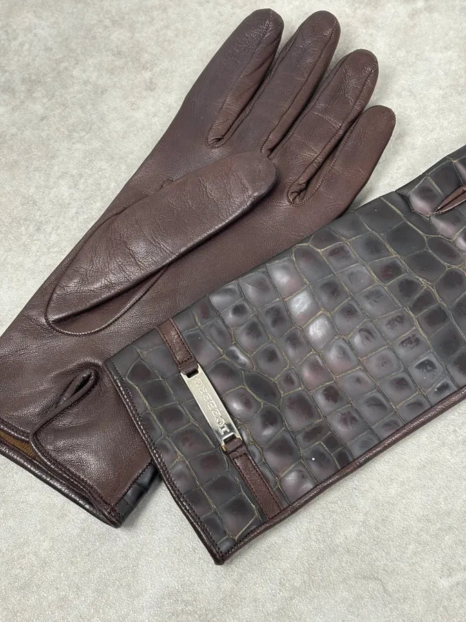 2000s Iceberg Brown Crocodile Embossed Leather Gloves IIFRTIX 7