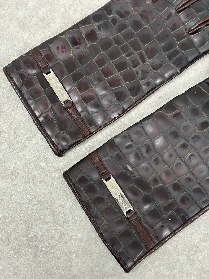 2000s Iceberg Brown Crocodile Embossed Leather Gloves IIFRTIX 6