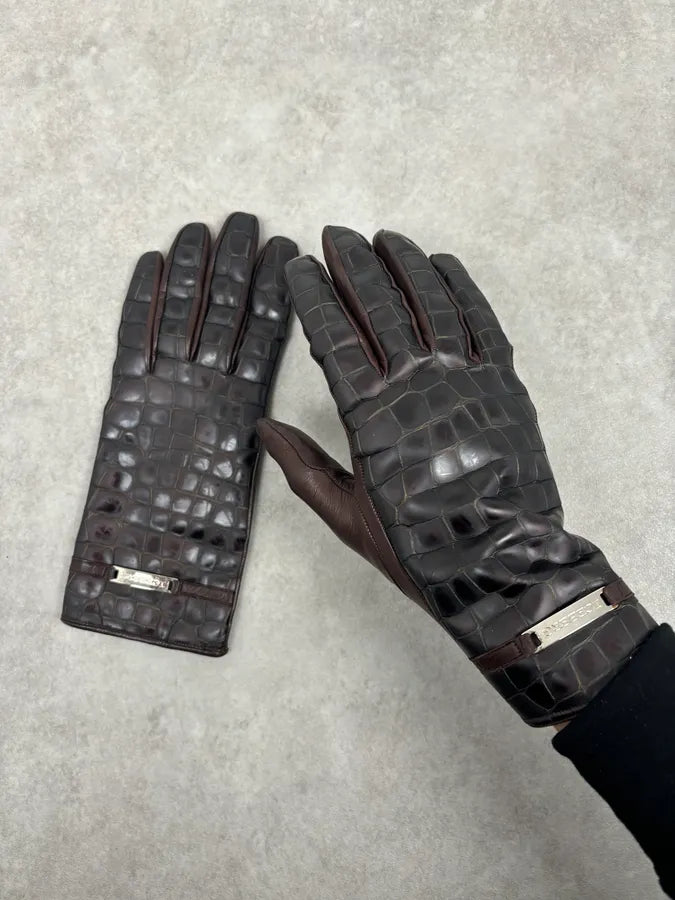 2000s Iceberg Brown Crocodile Embossed Leather Gloves IIFRTIX 0