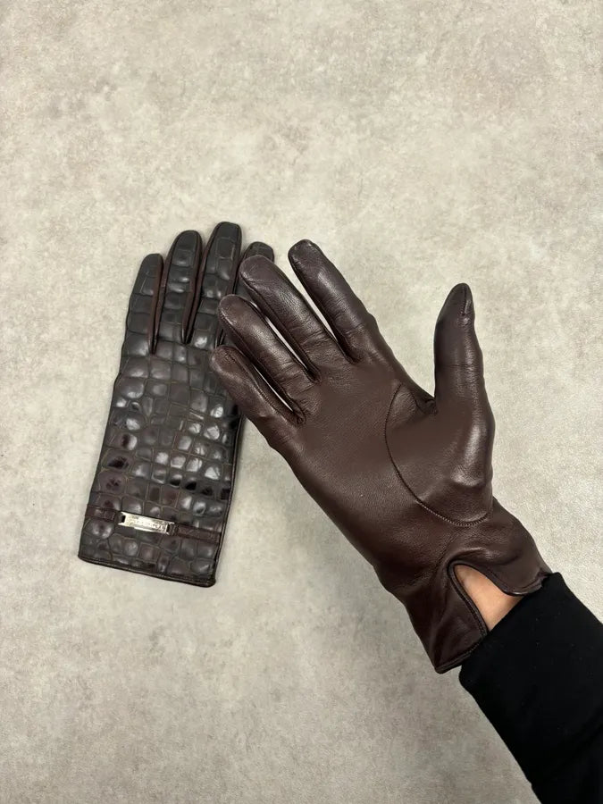 2000s Iceberg Brown Crocodile Embossed Leather Gloves IIFRTIX 1
