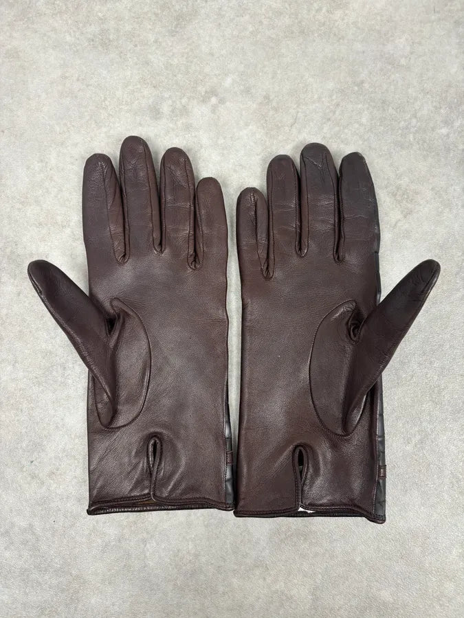 2000s Iceberg Brown Crocodile Embossed Leather Gloves IIFRTIX 4