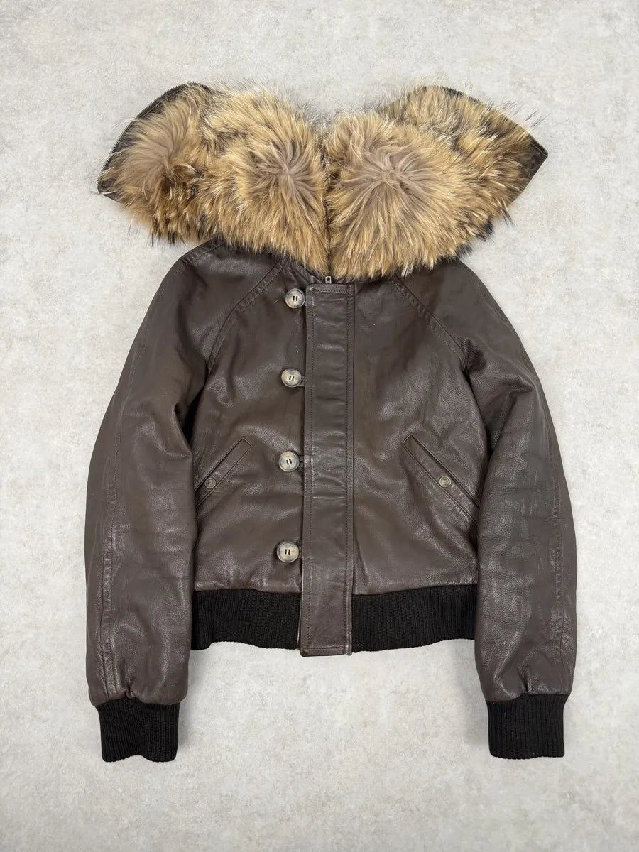 2000s Iceberg Brown Leather Aviator Fur Hooded Bomber Jacket HukchWN 0