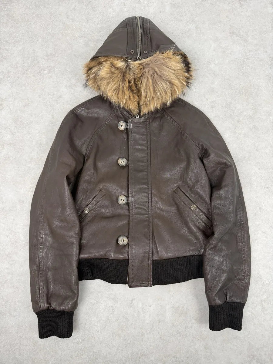 2000s Iceberg Brown Leather Aviator Fur Hooded Bomber Jacket HukchWN 1