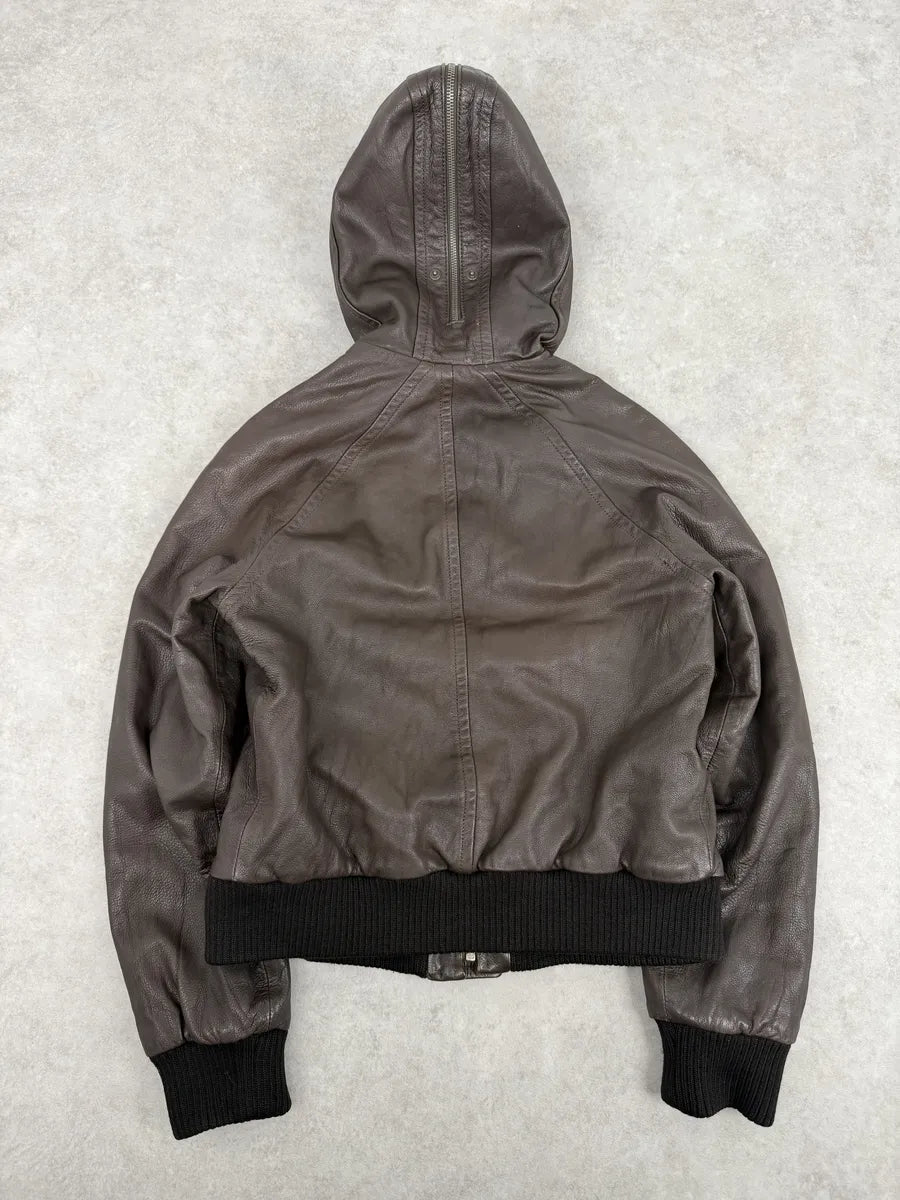 2000s Iceberg Brown Leather Aviator Fur Hooded Bomber Jacket HukchWN 2