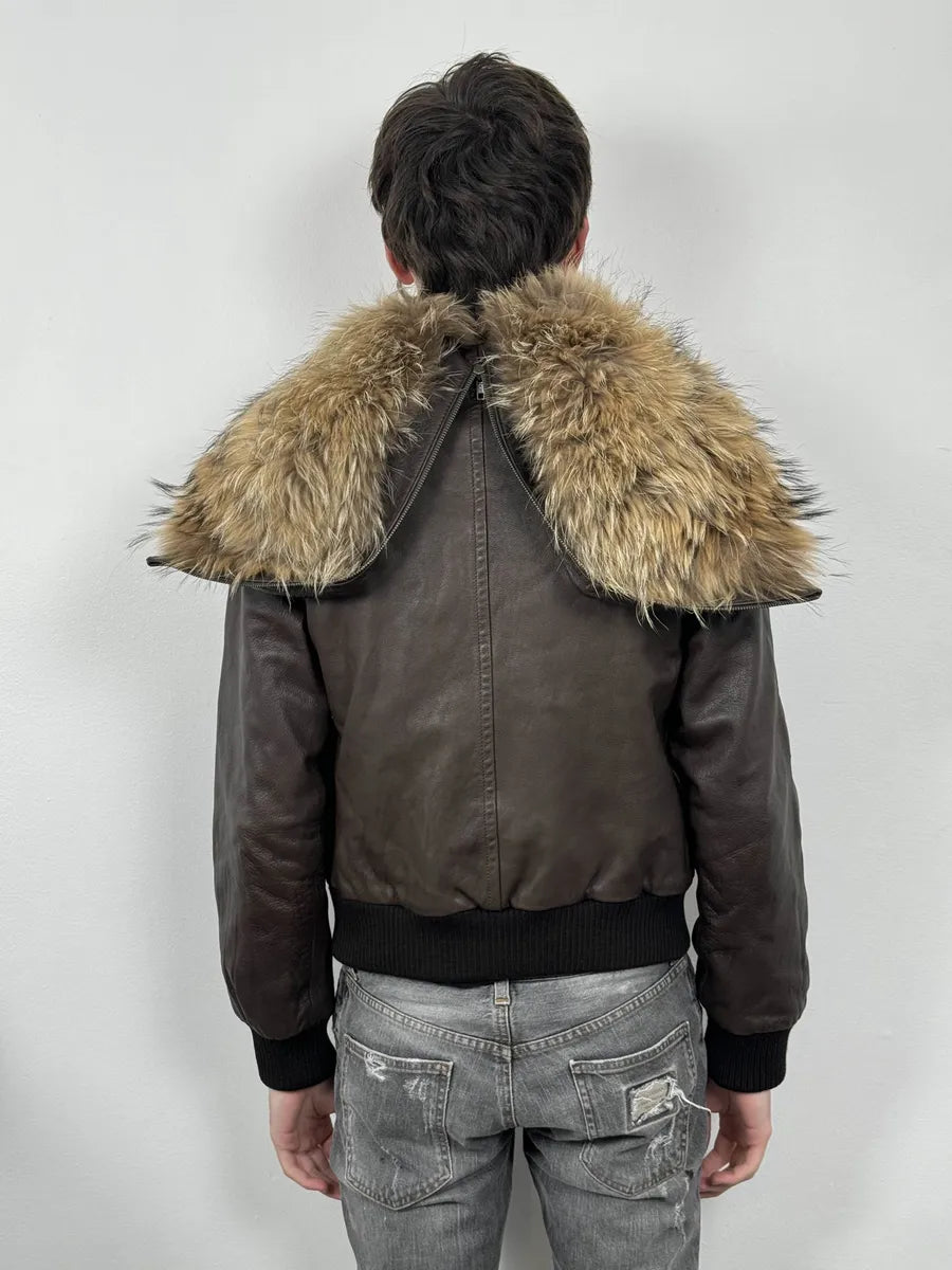 2000s Iceberg Brown Leather Aviator Fur Hooded Bomber Jacket HukchWN 3