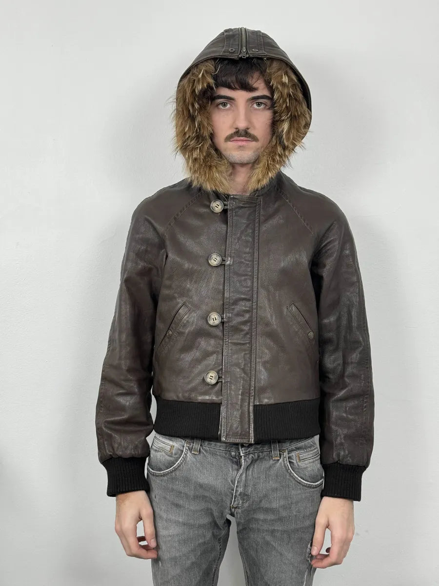 2000s Iceberg Brown Leather Aviator Fur Hooded Bomber Jacket HukchWN 4