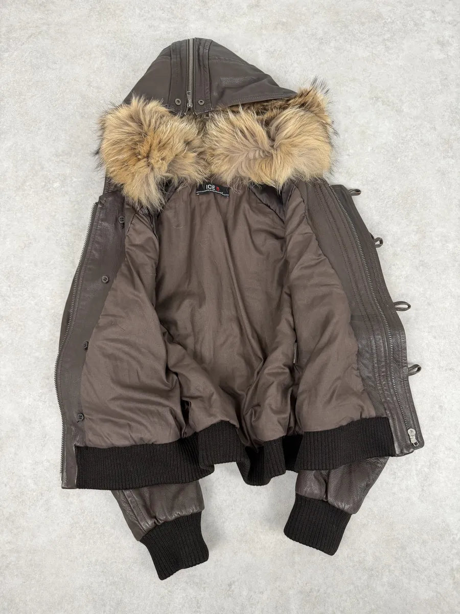 2000s Iceberg Brown Leather Aviator Fur Hooded Bomber Jacket HukchWN 5