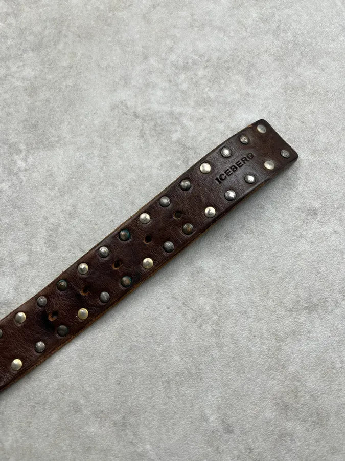 2000s Iceberg Brown Leather Studded Spiral Buckle Belt sXCnMSo 6