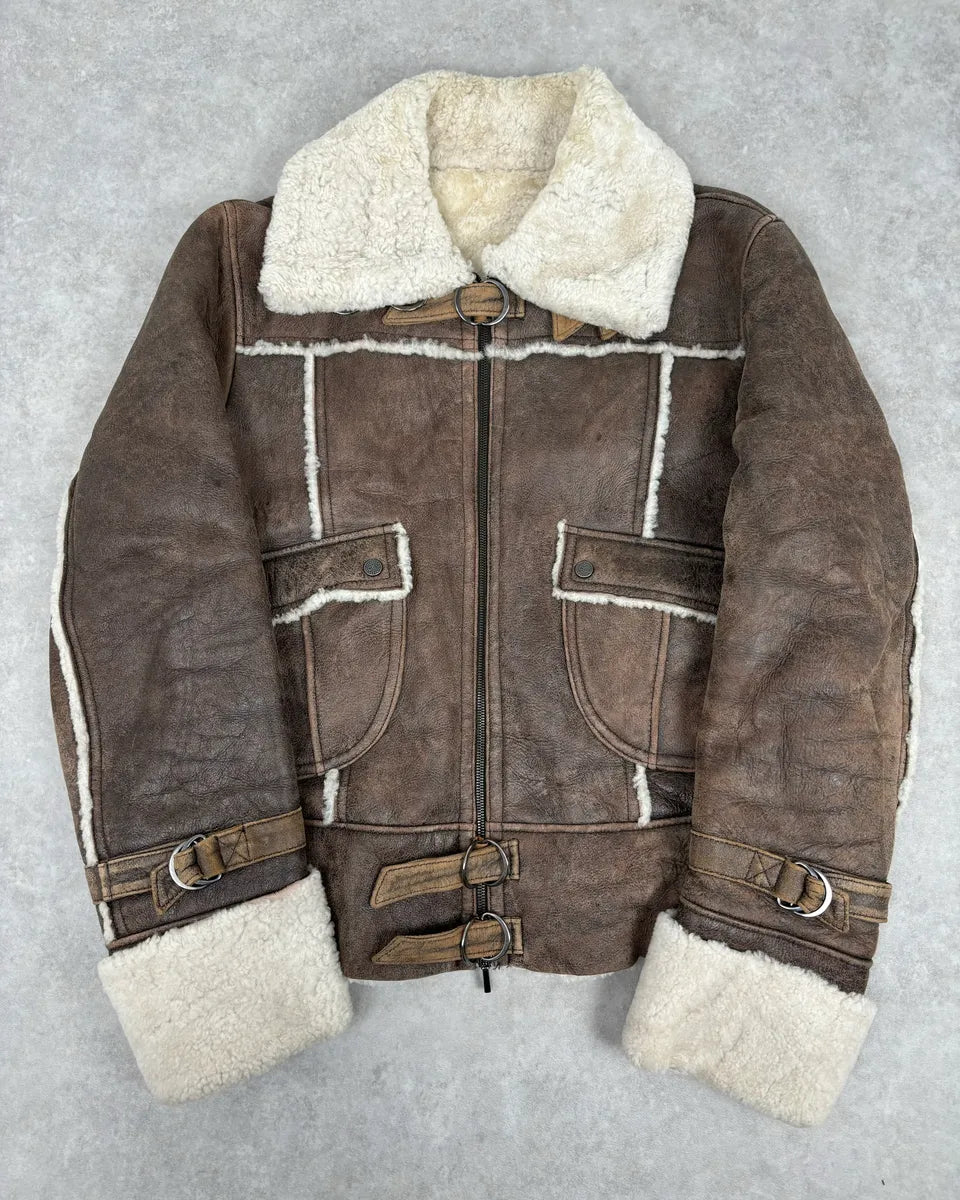 2000s Iceberg Brown Shearling Aviator Leather Jacket jNjWFEK 0