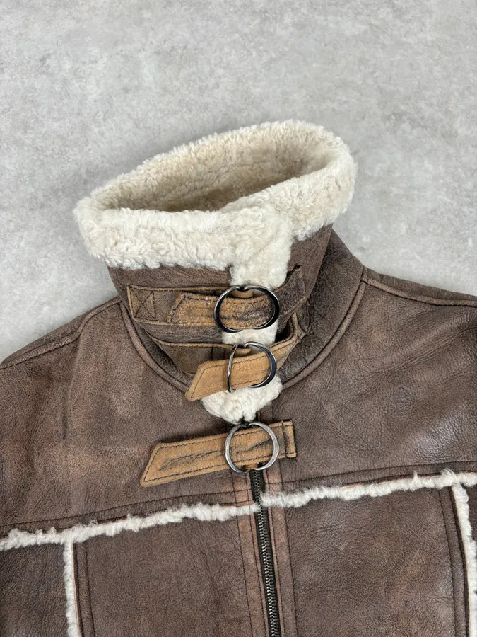 2000s Iceberg Brown Shearling Aviator Leather Jacket jNjWFEK 7