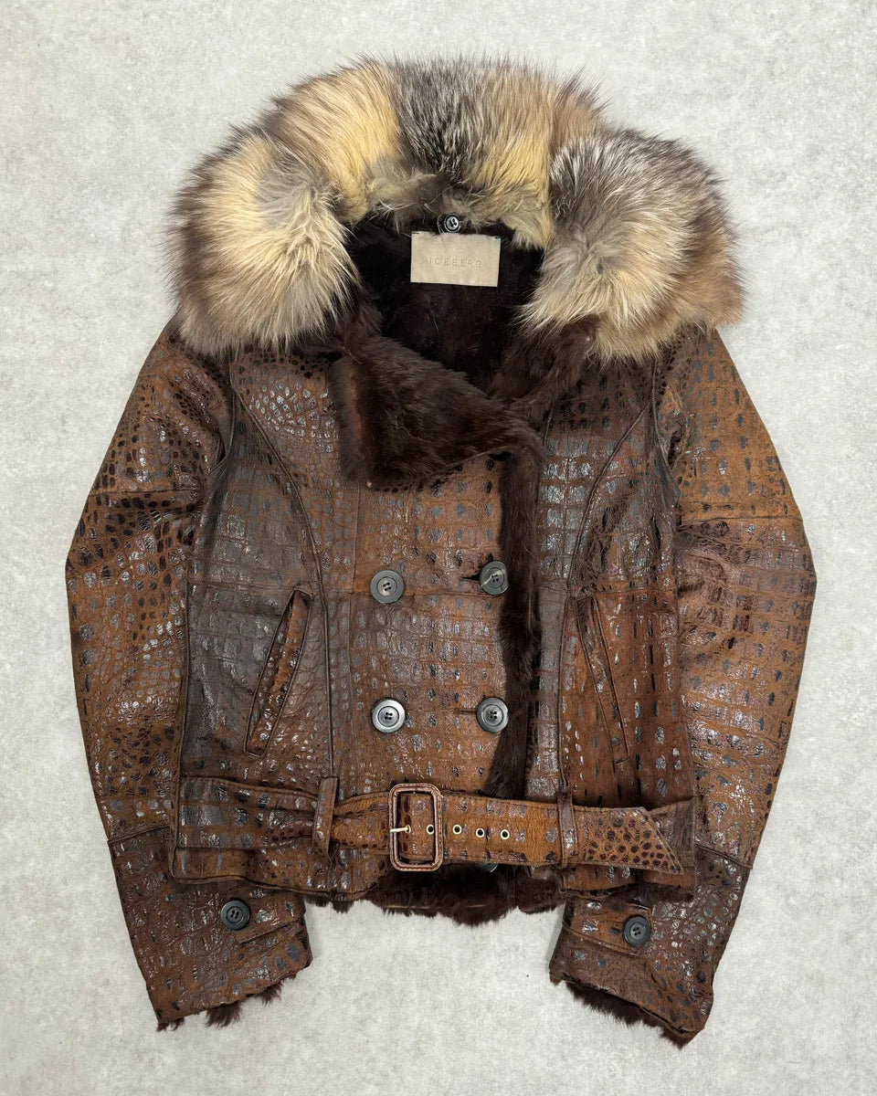 2000s Iceberg Fur Collar Crocodile Embossed Brown Leather Buttoned Jacket mxMgNNy 0