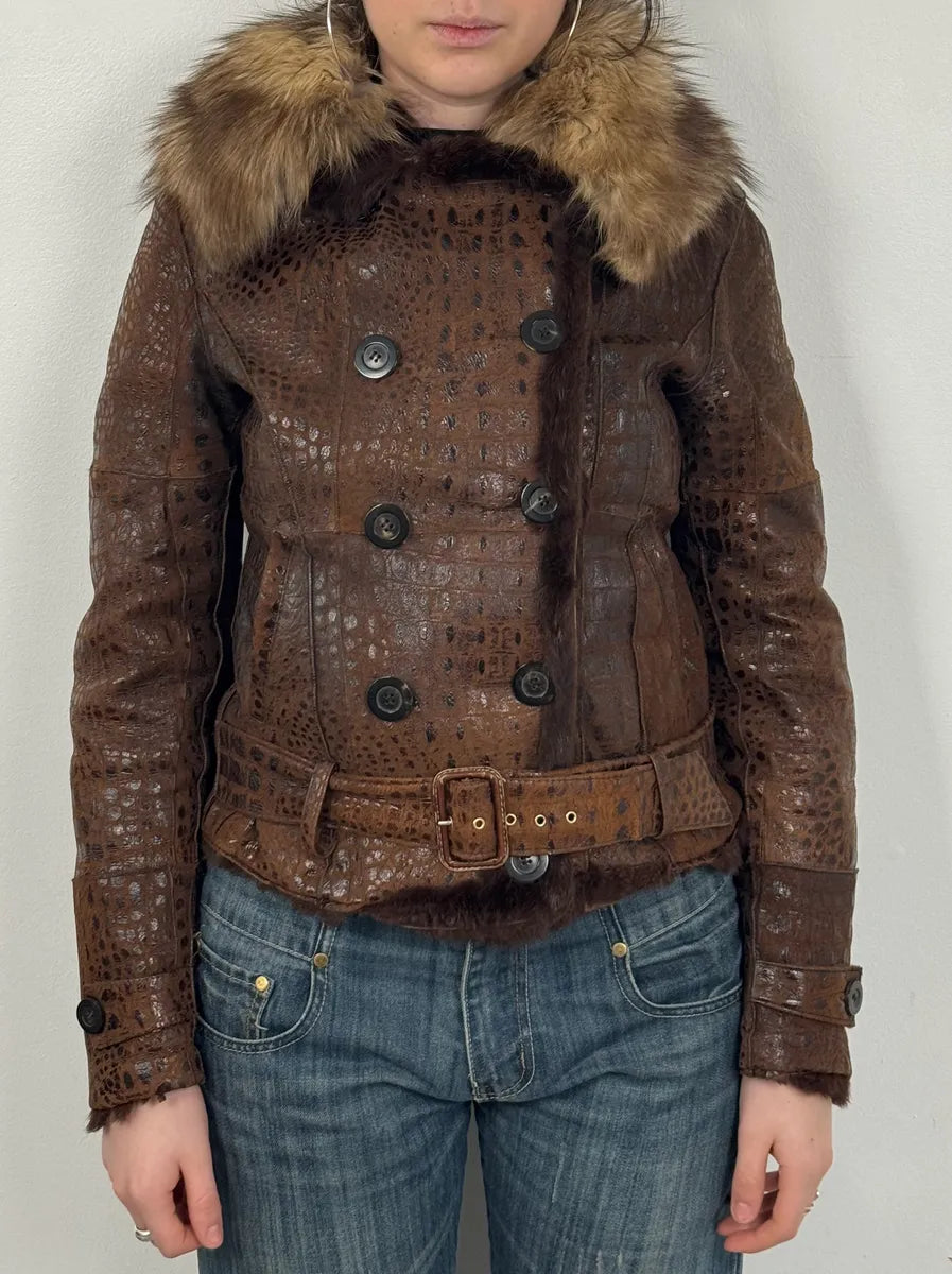 2000s Iceberg Fur Collar Crocodile Embossed Brown Leather Buttoned Jacket mxMgNNy 1