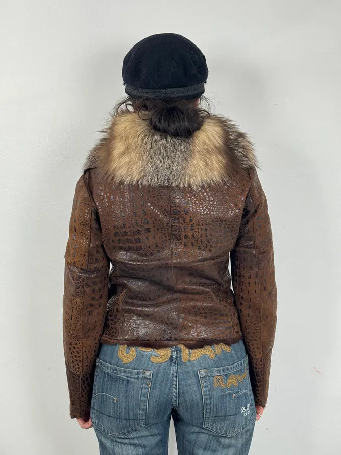 2000s Iceberg Fur Collar Crocodile Embossed Brown Leather Buttoned Jacket mxMgNNy 2