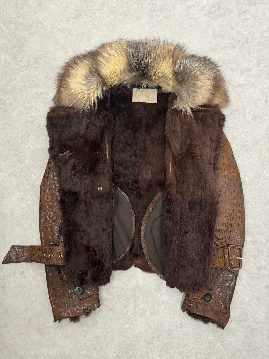 2000s Iceberg Fur Collar Crocodile Embossed Brown Leather Buttoned Jacket mxMgNNy 3