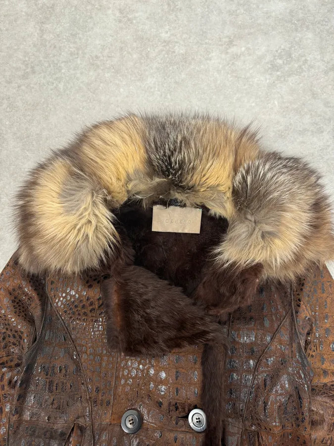 2000s Iceberg Fur Collar Crocodile Embossed Brown Leather Buttoned Jacket mxMgNNy 4