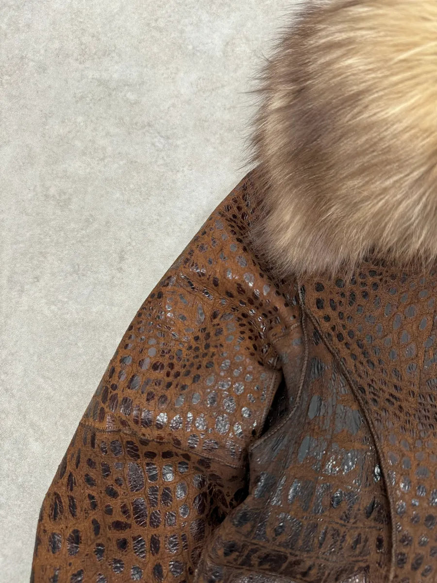 2000s Iceberg Fur Collar Crocodile Embossed Brown Leather Buttoned Jacket mxMgNNy 5