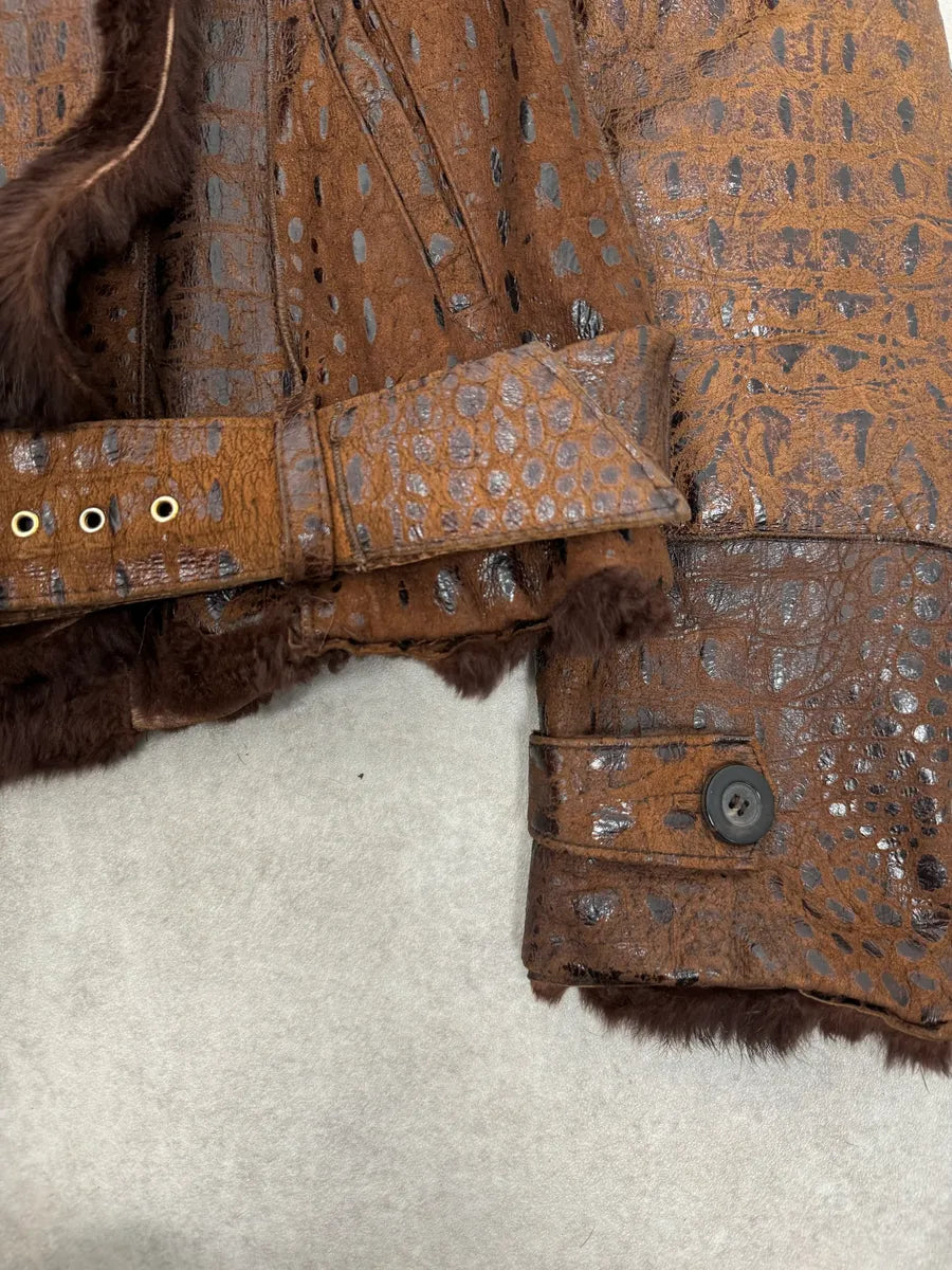 2000s Iceberg Fur Collar Crocodile Embossed Brown Leather Buttoned Jacket mxMgNNy 6