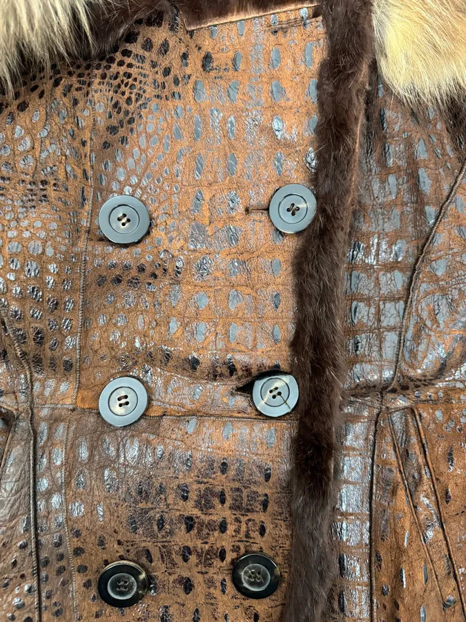 2000s Iceberg Fur Collar Crocodile Embossed Brown Leather Buttoned Jacket mxMgNNy 7
