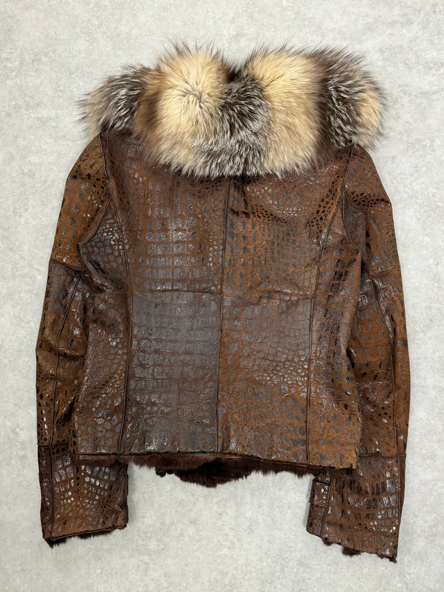 2000s Iceberg Fur Collar Crocodile Brown Leather Buttoned Jacket mxMgNNy 8
