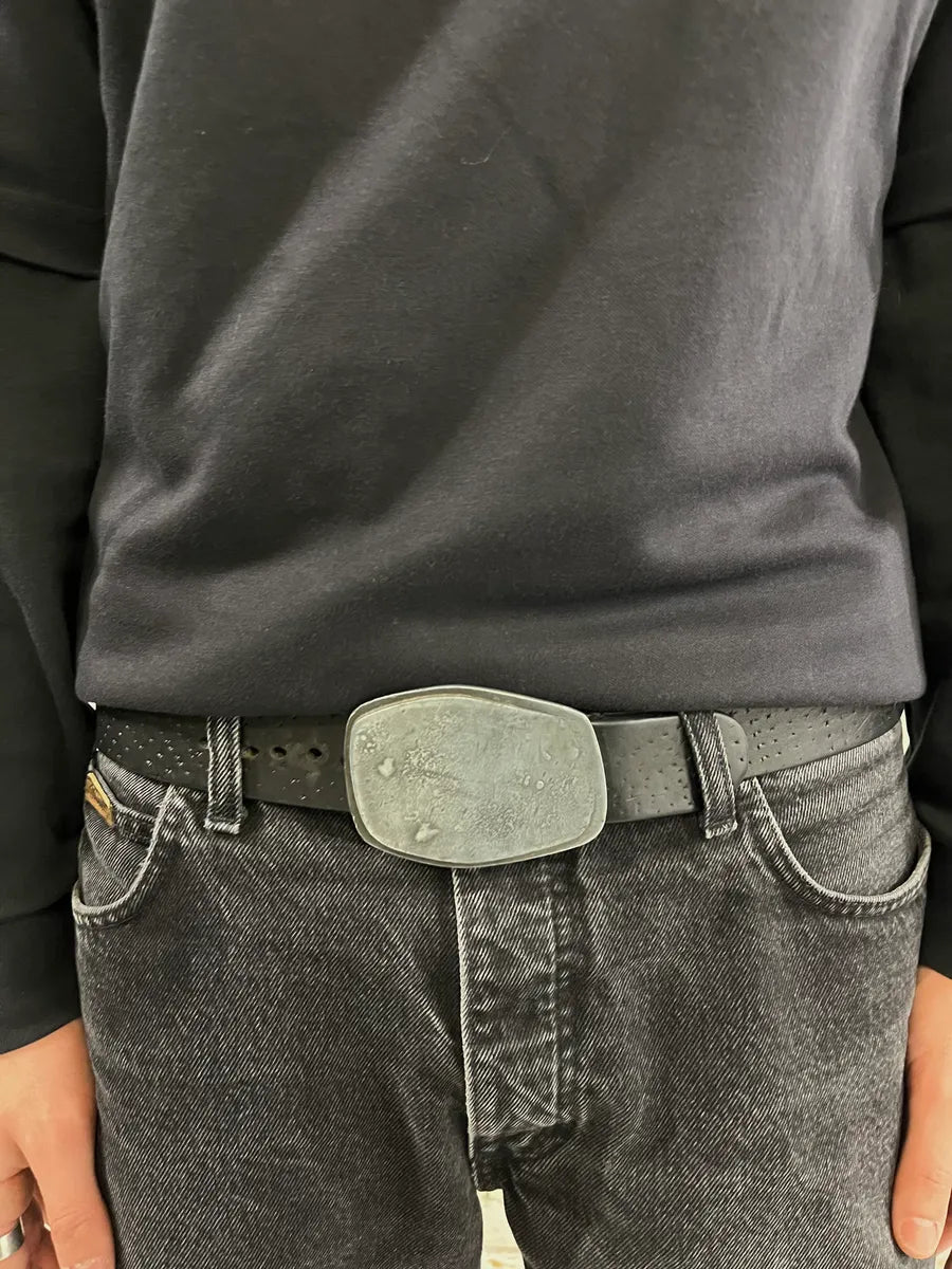 2000s Iceberg Moon Buckle Black Leather Belt IVAwkfD 1