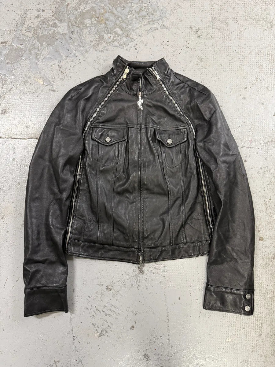 2000s Iceberg Multi Front Zip Black Biker Leather Jacket ZMpFjdX 0