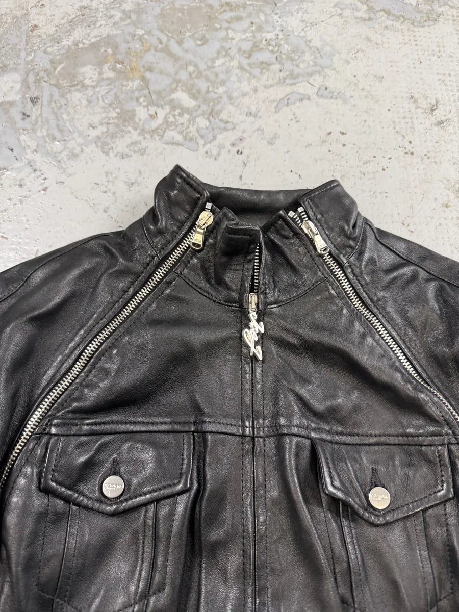 2000s Iceberg Multi Front Zip Black Biker Leather Jacket ZMpFjdX 11