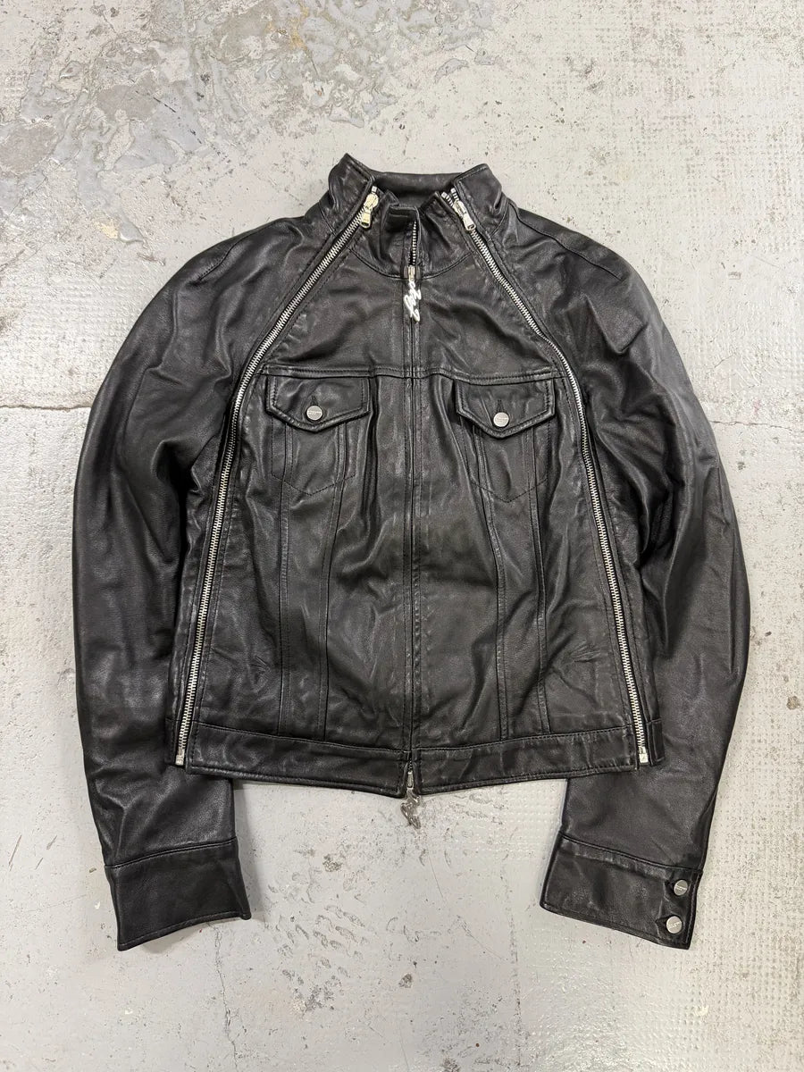 2000s Iceberg Multi Front Zip Black Biker Leather Jacket ZMpFjdX 2
