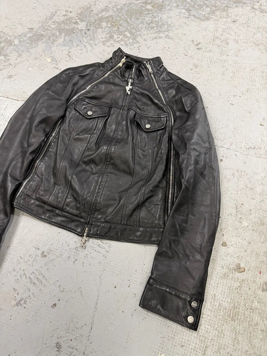 2000s Iceberg Multi Front Zip Black Biker Leather Jacket ZMpFjdX 3