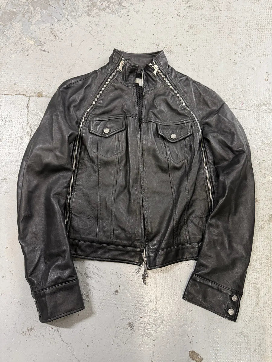 2000s Iceberg Multi Front Zip Black Biker Leather Jacket ZMpFjdX 7