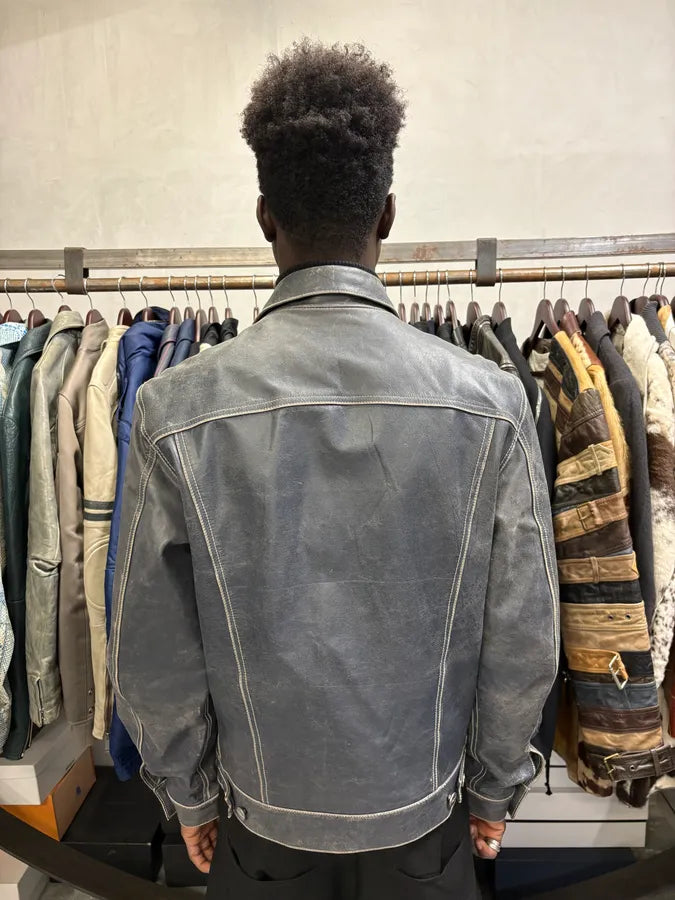 2000s Iceberg Trucker Grey Leather Jacket yKKmWJa 4