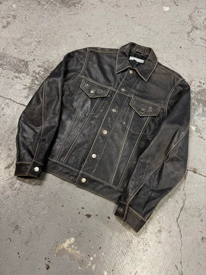 2000s Iceberg Trucker Grey Leather Jacket yKKmWJa 2