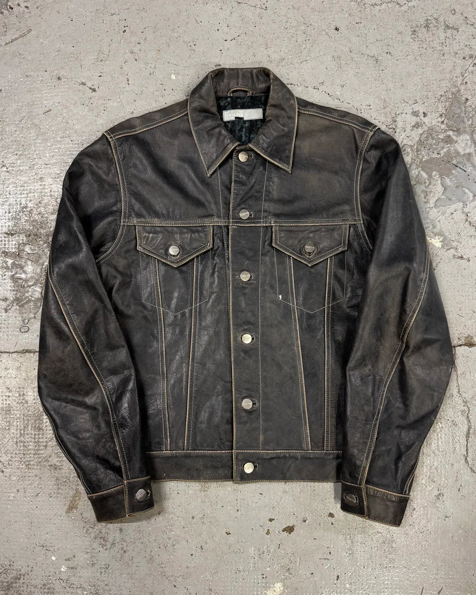 2000s Iceberg Trucker Grey Leather Jacket yKKmWJa 0