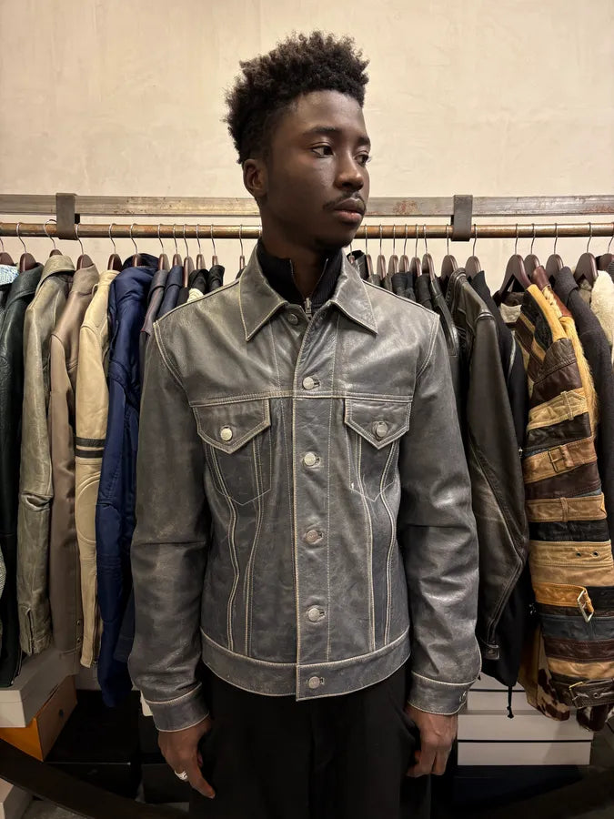2000s Iceberg Trucker Grey Leather Jacket yKKmWJa 1