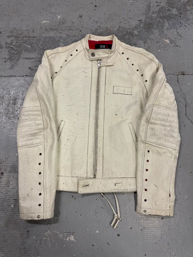 2000s Iceberg White Painted Leather Biker Jacket iQNiycX 0