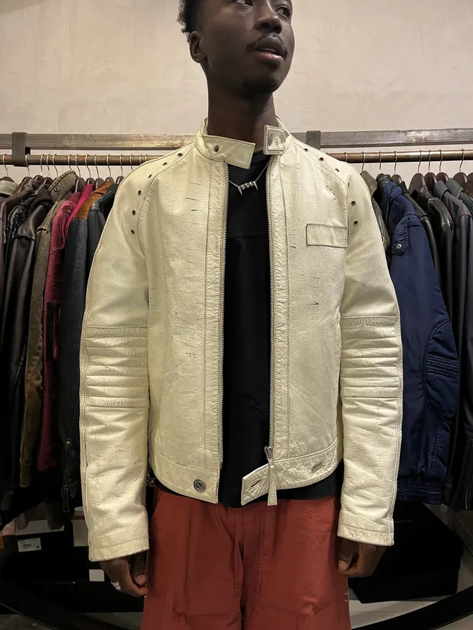 2000s Iceberg White Painted Leather Biker Jacket iQNiycX 1