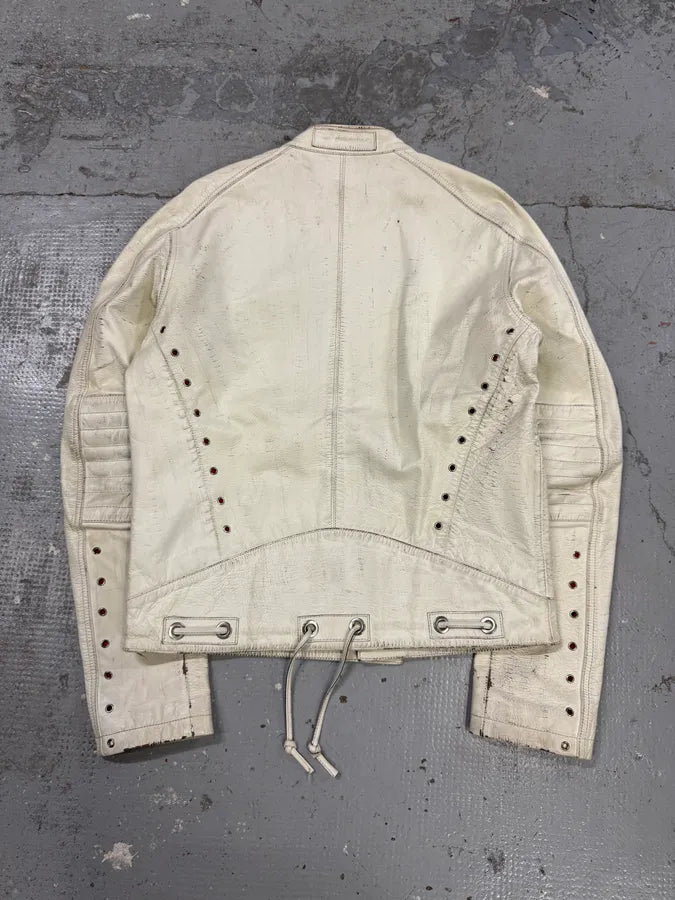 2000s Iceberg White Painted Leather Biker Jacket iQNiycX 2