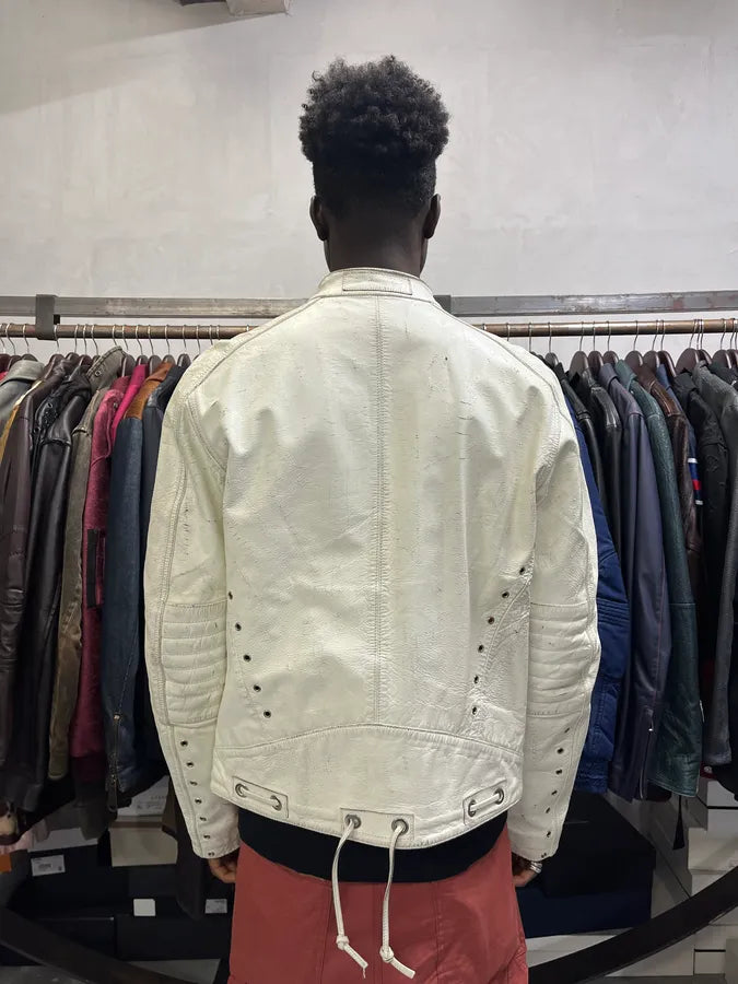 2000s Iceberg White Painted Leather Biker Jacket iQNiycX 3