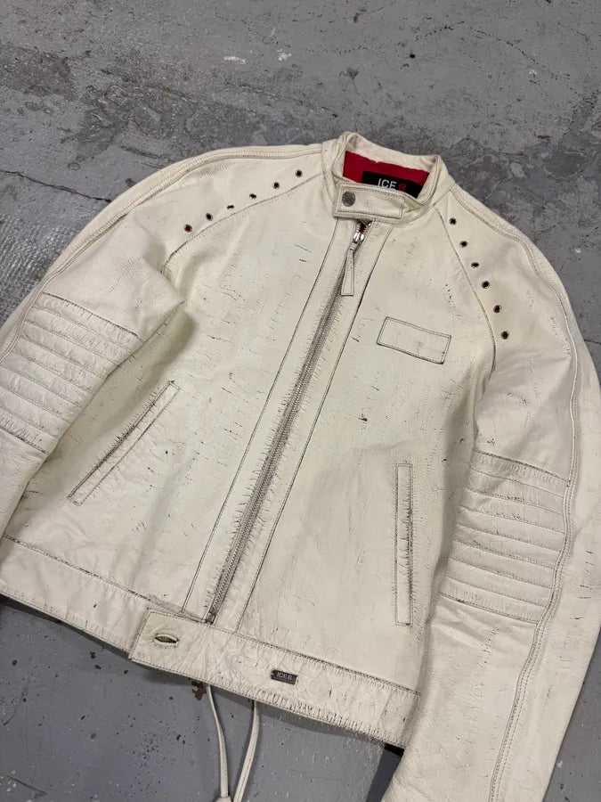 2000s Iceberg White Painted Leather Biker Jacket iQNiycX 4