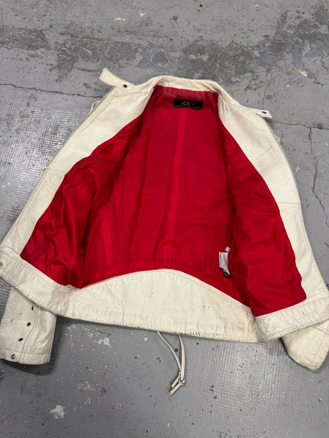 2000s Iceberg White Painted Leather Biker Jacket iQNiycX 5