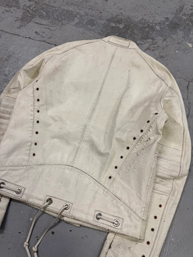 2000s Iceberg White Painted Leather Biker Jacket iQNiycX 6