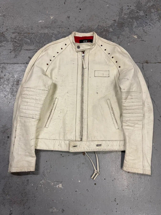 2000s Iceberg White Painted Leather Biker Jacket iQNiycX 7