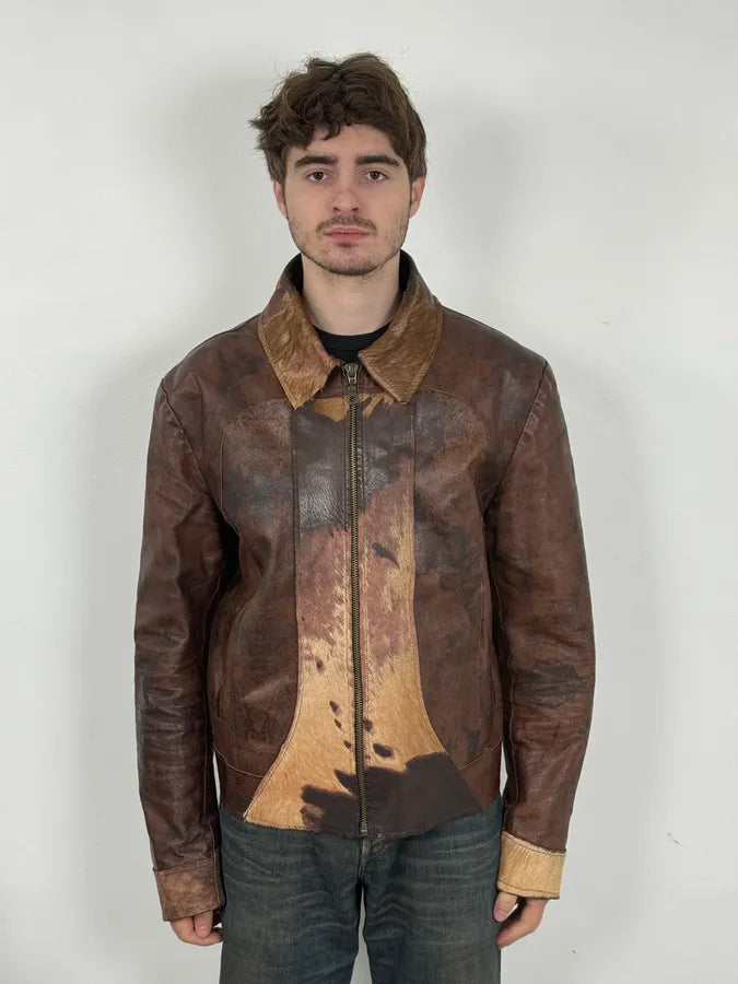 2000s Imperial Brown Leather Cow Effect Pony Hair Jacket blAtcRJ 1